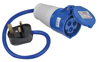 UK Mains Plug with 13A Fuse to 16A 230V CEE Socket Lead, 2P+E, Blue, 350mm